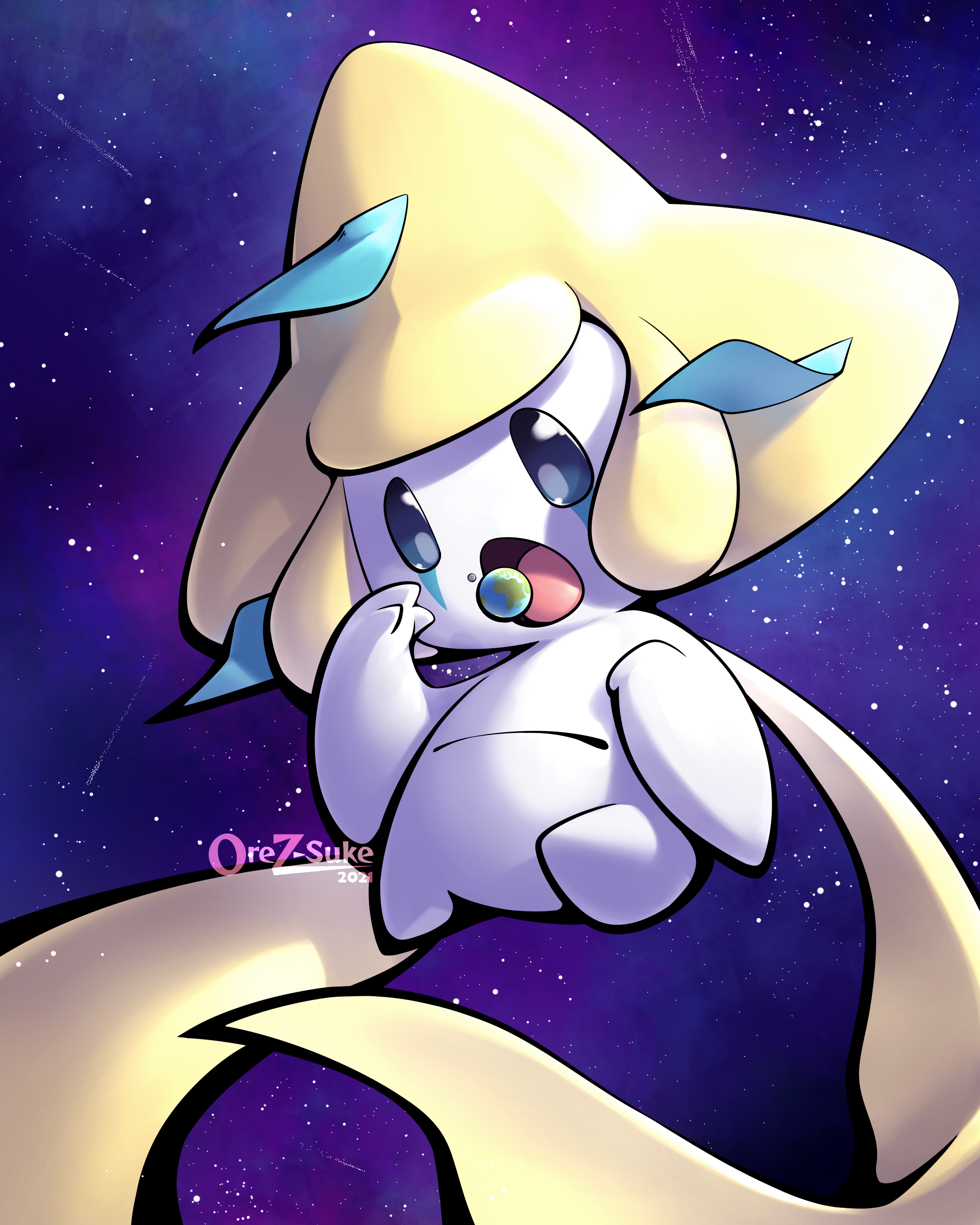 Gigantamax Jirachi about to eat the Earth and Moon